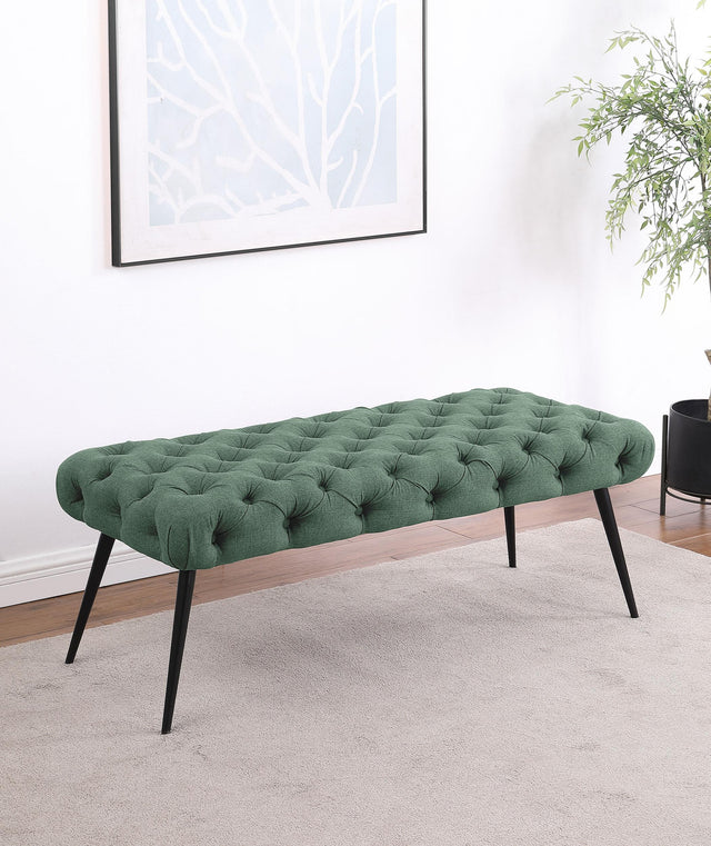 Ella tufted teal bench highlighting fabric texture, angled side