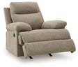 Side-Swipe Mocha Chenille Recliner front angle view with open reclining