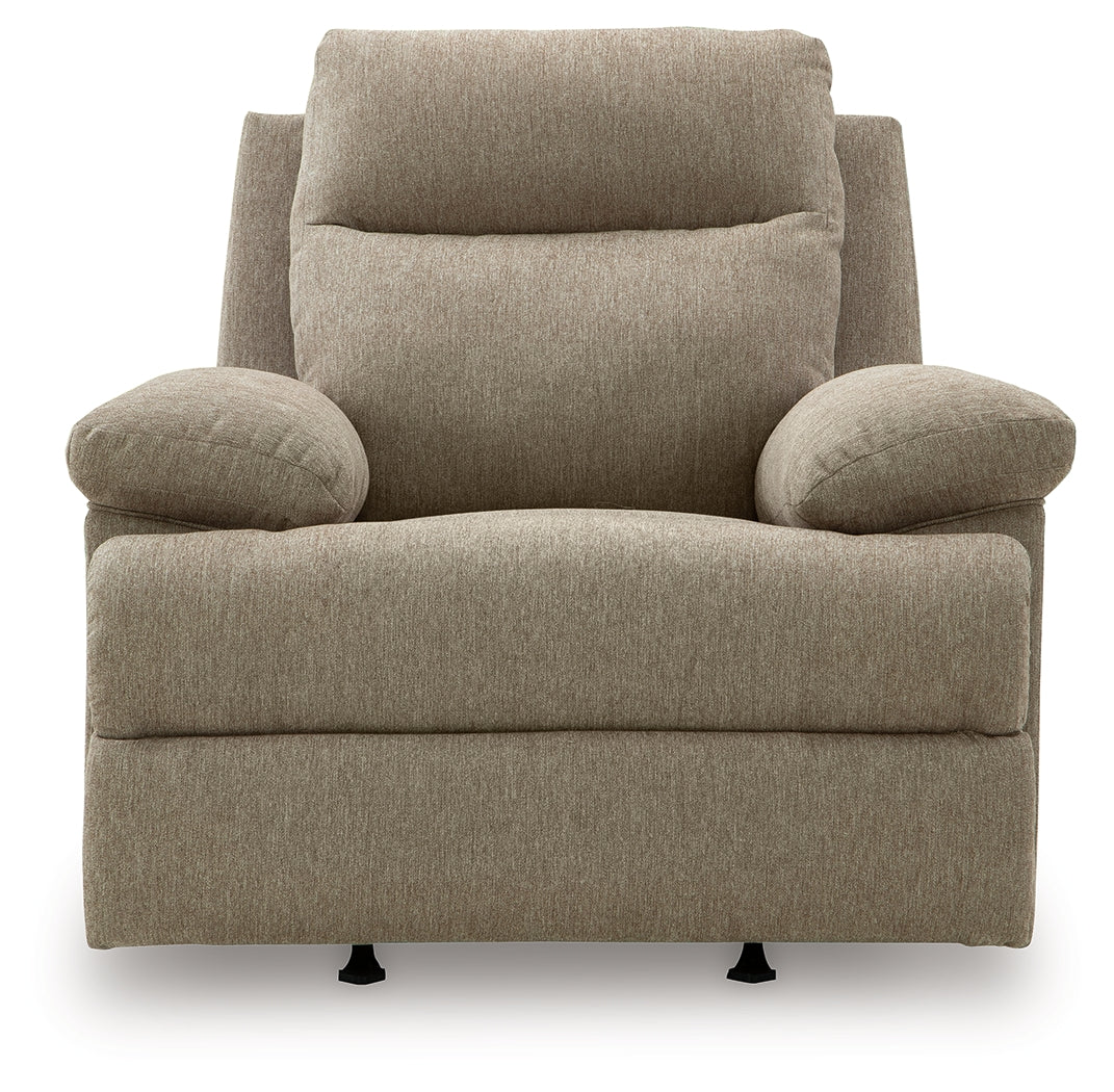 Side-Swipe Mocha Chenille Recliner showing reclining position
