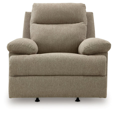 Side-Swipe Mocha Chenille Recliner showing reclining position