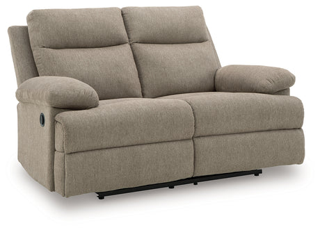 Side-Swipe mocha chenille reclining loveseat, closed recline view