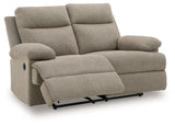 Side-Swipe mocha chenille reclining loveseat, open recline angle