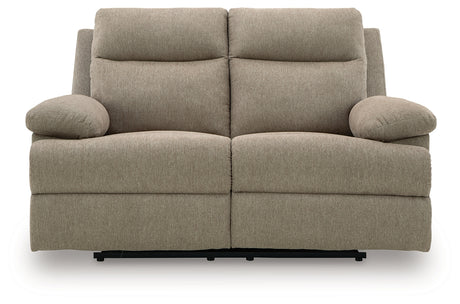 Side-Swipe mocha chenille reclining loveseat, head-on view