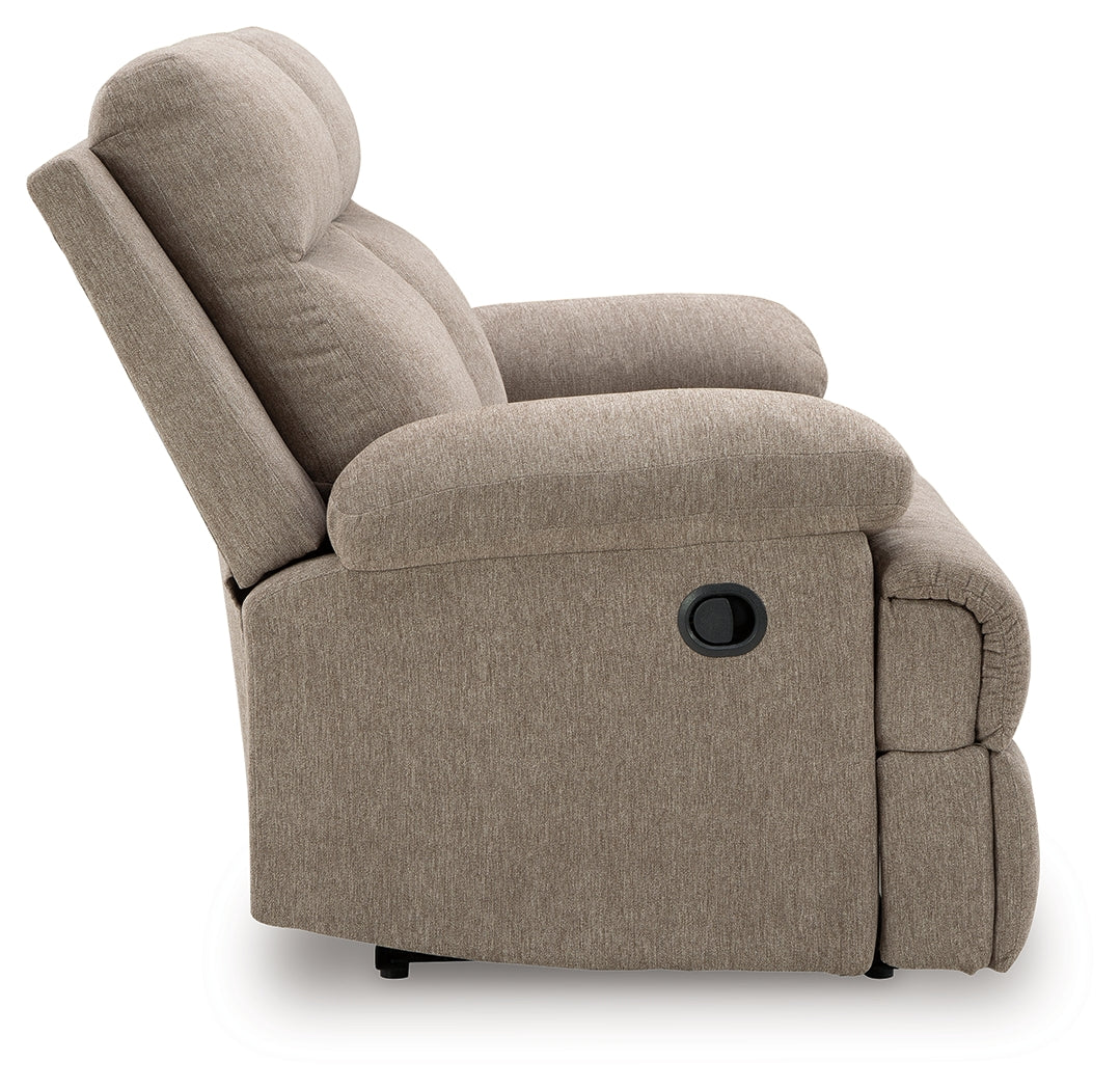 Side-Swipe mocha chenille reclining loveseat, side angle