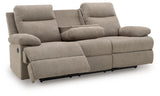Side-Swipe mocha chenille reclining sofa with recliners open