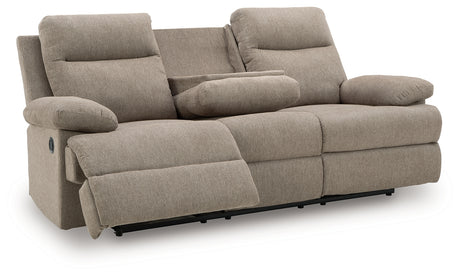 Side-Swipe mocha chenille reclining sofa with recliners open