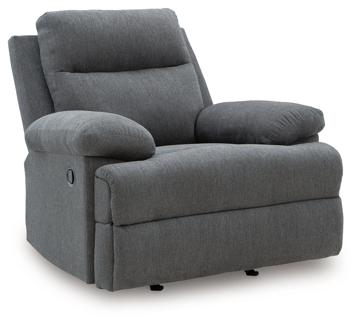Side view of Side-Swipe Charcoal Chenille Recliner