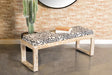 Aiden sled leg upholstered accent bench front view with black frame and white abstract fabric