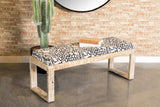 Aiden sled leg upholstered accent bench front view with black frame and white abstract fabric