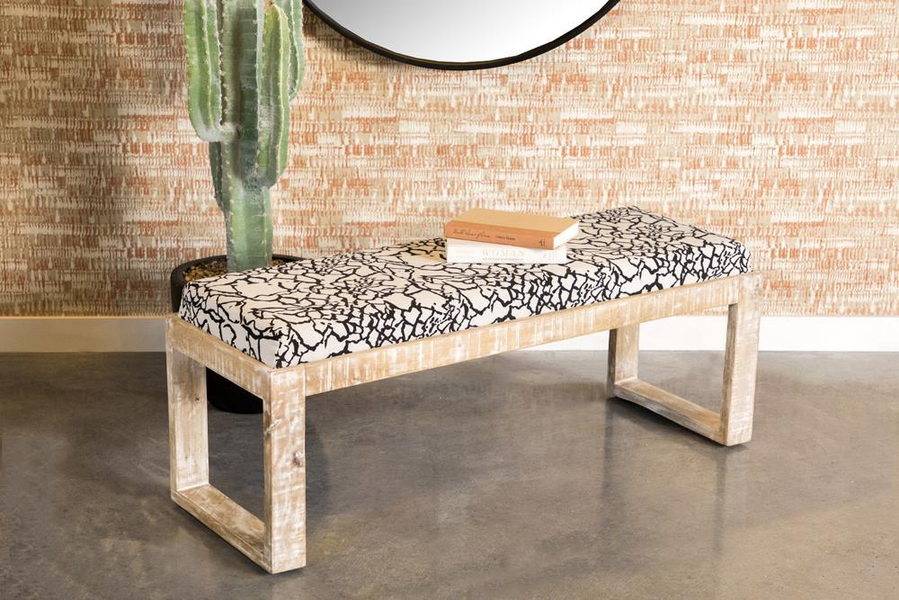 Aiden sled leg upholstered accent bench front view with black frame and white abstract fabric