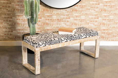Aiden sled leg upholstered accent bench front view with black frame and white abstract fabric