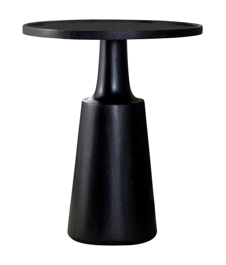 Ixia Round Mango Wood Accent Table showing lower shelf and tapered base