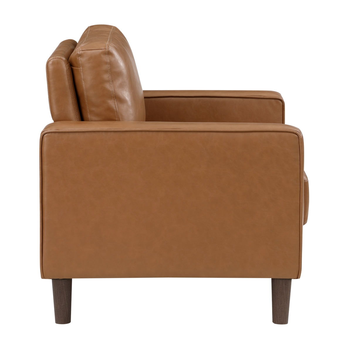 Close-up of track-style arm on brown faux leather chair