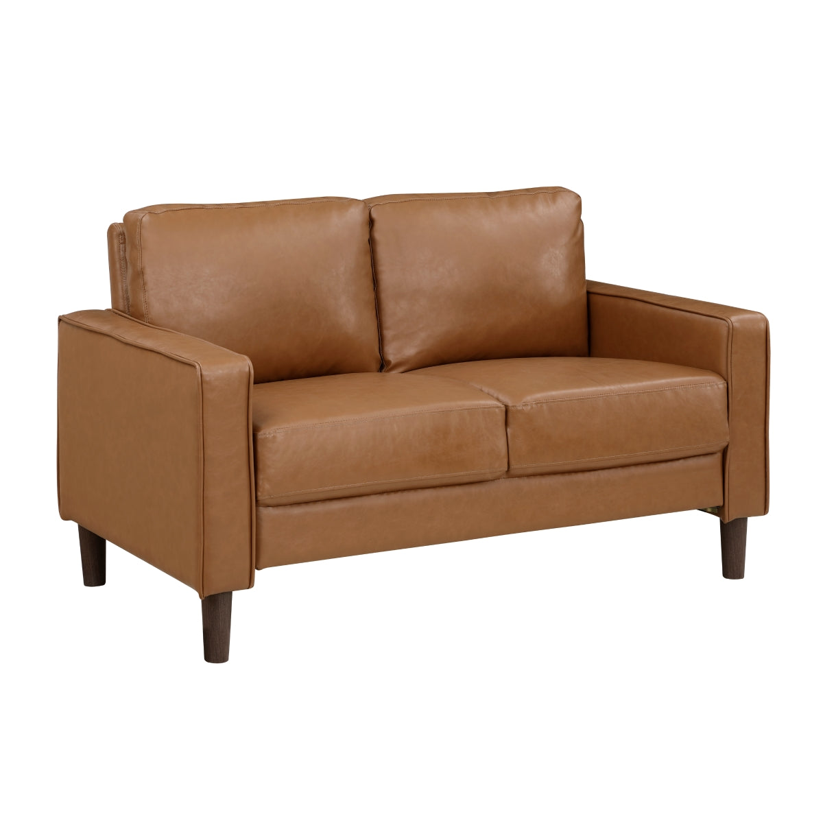Close-up of brown faux leather upholstery on Malcolm loveseat