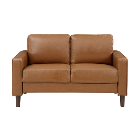 Malcolm Brown brown faux leather loveseat angled left front