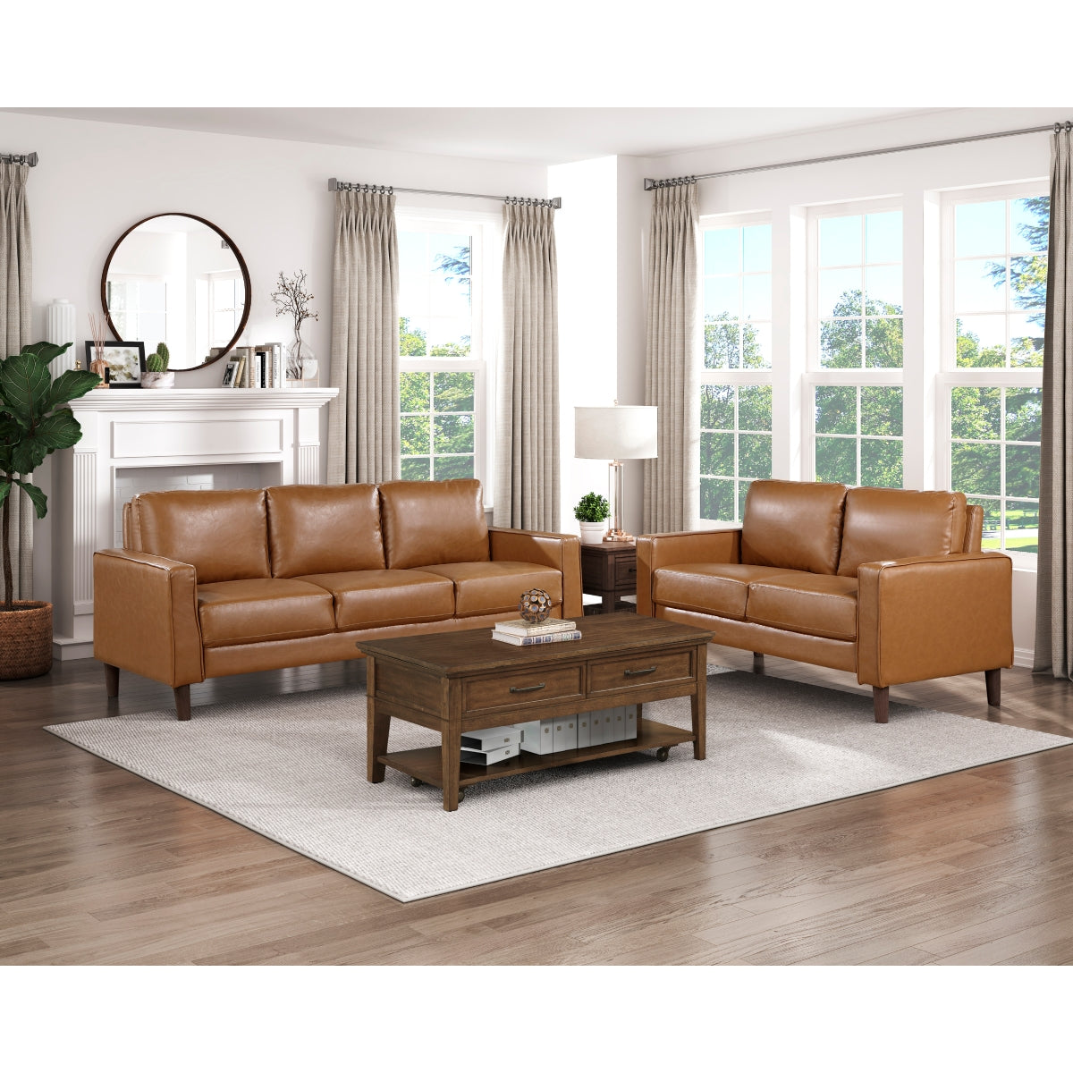 Malcolm Brown loveseat showing track arms and faux wood feet