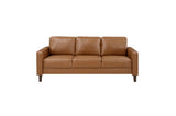 detail view of brown faux leather upholstery on Malcolm Brown chair