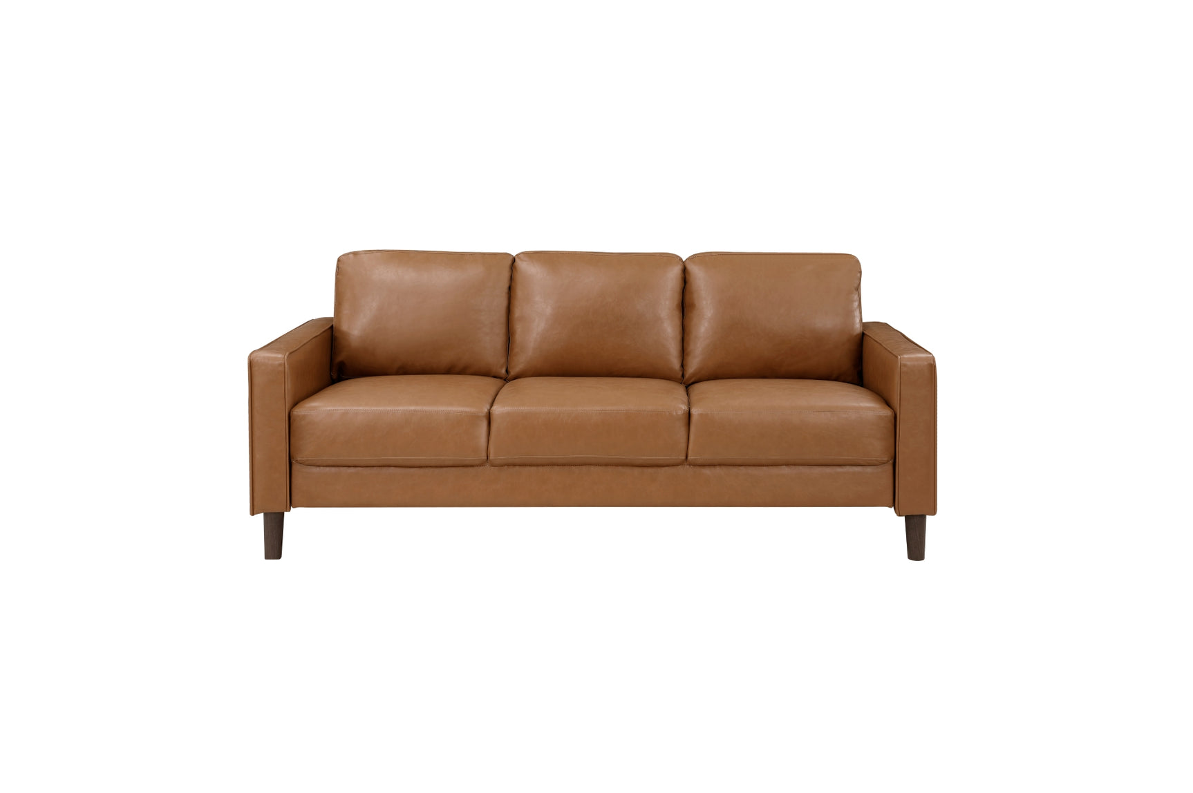detail view of brown faux leather upholstery on Malcolm Brown chair