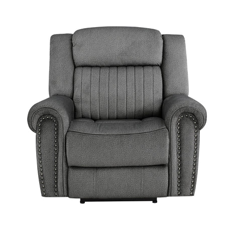 Brennen Charcoal Power Recliner Chair front view in charcoal microfiber upholstery