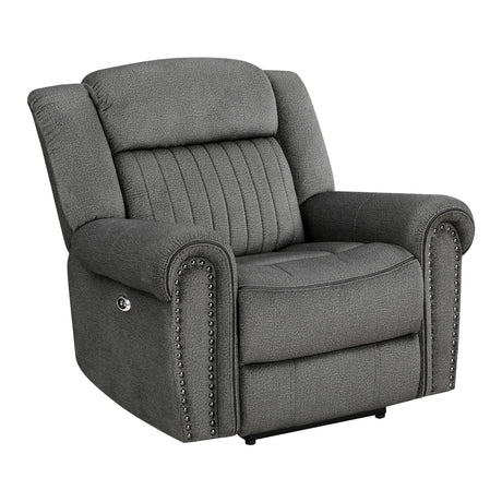 Side angle of Brennen Power Recliner Chair showing nailhead trim