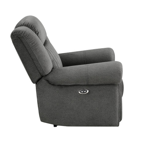 Fully reclined Brennen Charcoal Power Recliner chair profile