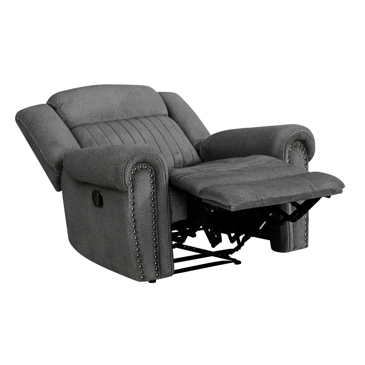 Close-up of nailhead trim on Brennen Gray recliner arm