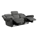 Close-up of textured charcoal microfiber upholstery and stitching