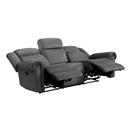 Close-up of textured charcoal microfiber upholstery and stitching