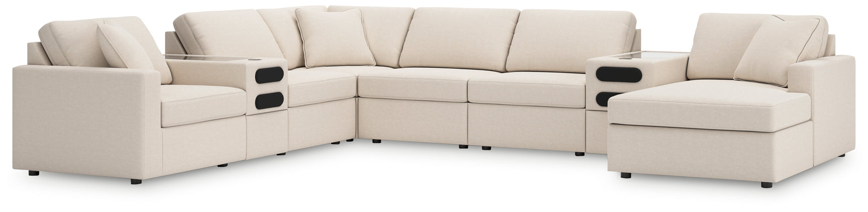 room view highlighting spacious Modmax Oyster Nuvella® 8-Piece Sectional with chaise and integrated audio system