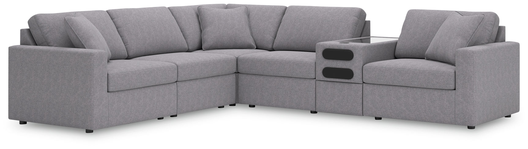 Side view of Modmax Granite 6-piece sectional sofa showing USB port and storage