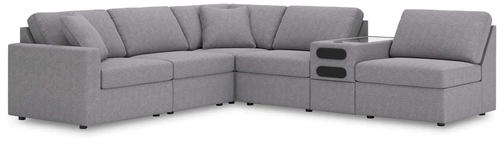 Room angle showing large sectional with reversible pillows