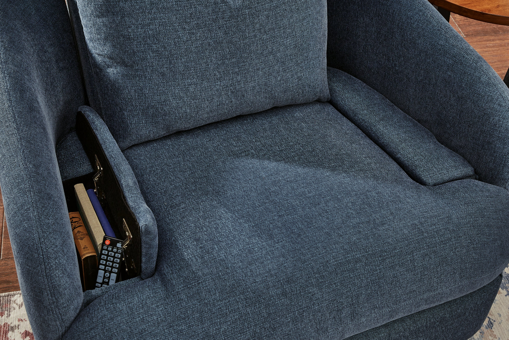Close-up of reclining mechanism and upholstery details