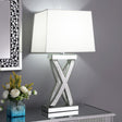 Dominick table lamp with white rectangular fabric shade and X-shape mirror tile base front view