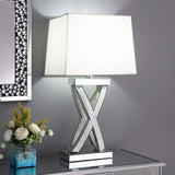 Dominick table lamp with white rectangular fabric shade and X-shape mirror tile base front view