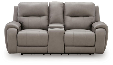 Real Moments Ash Leather Power Reclining Loveseat with Audio Seating — front view