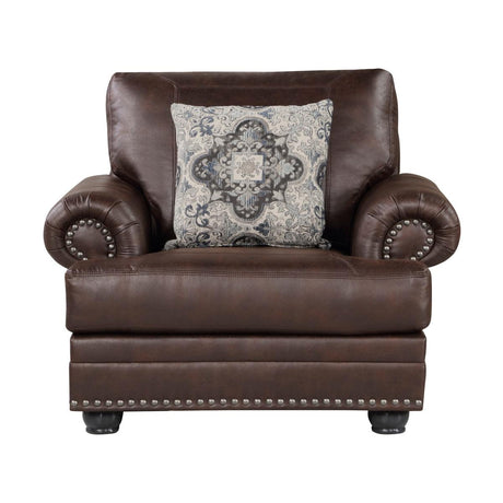 Foxborough chair front view with dark brown faux leather upholstery and nailhead trim