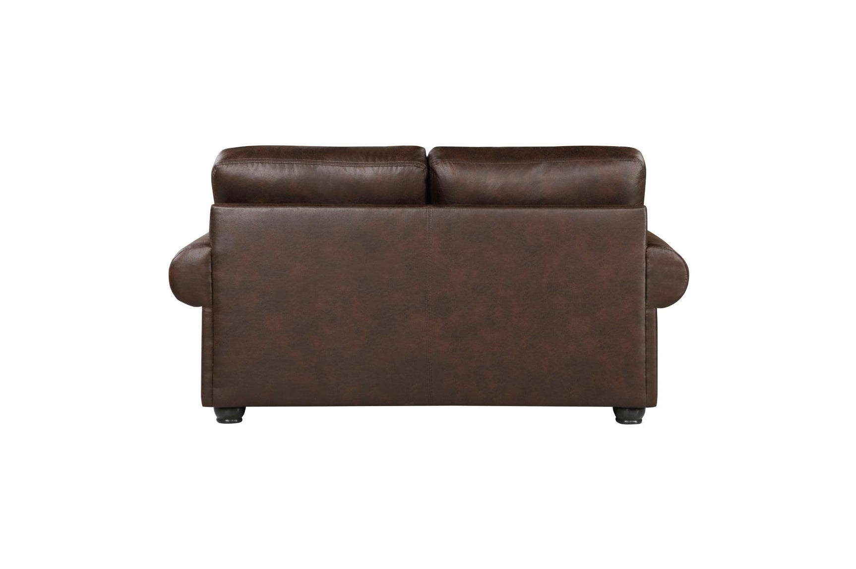 Detail view of faux leather upholstery on loveseat