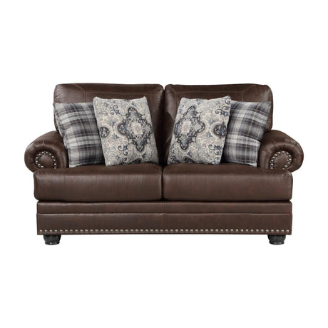 Franklin Dark Brown Loveseat front view showing microfiber upholstery and nailhead trim