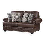 Side angle of Franklin Dark Brown Loveseat highlighting rolled arm and decorative pillows