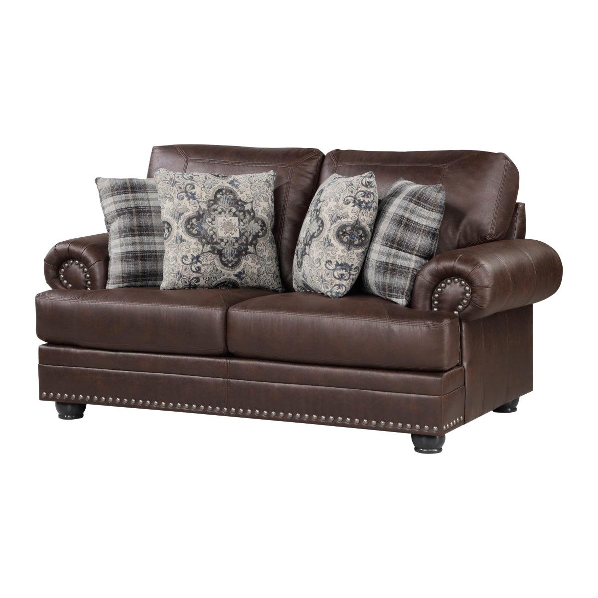 Side angle of Franklin Dark Brown Loveseat highlighting rolled arm and decorative pillows