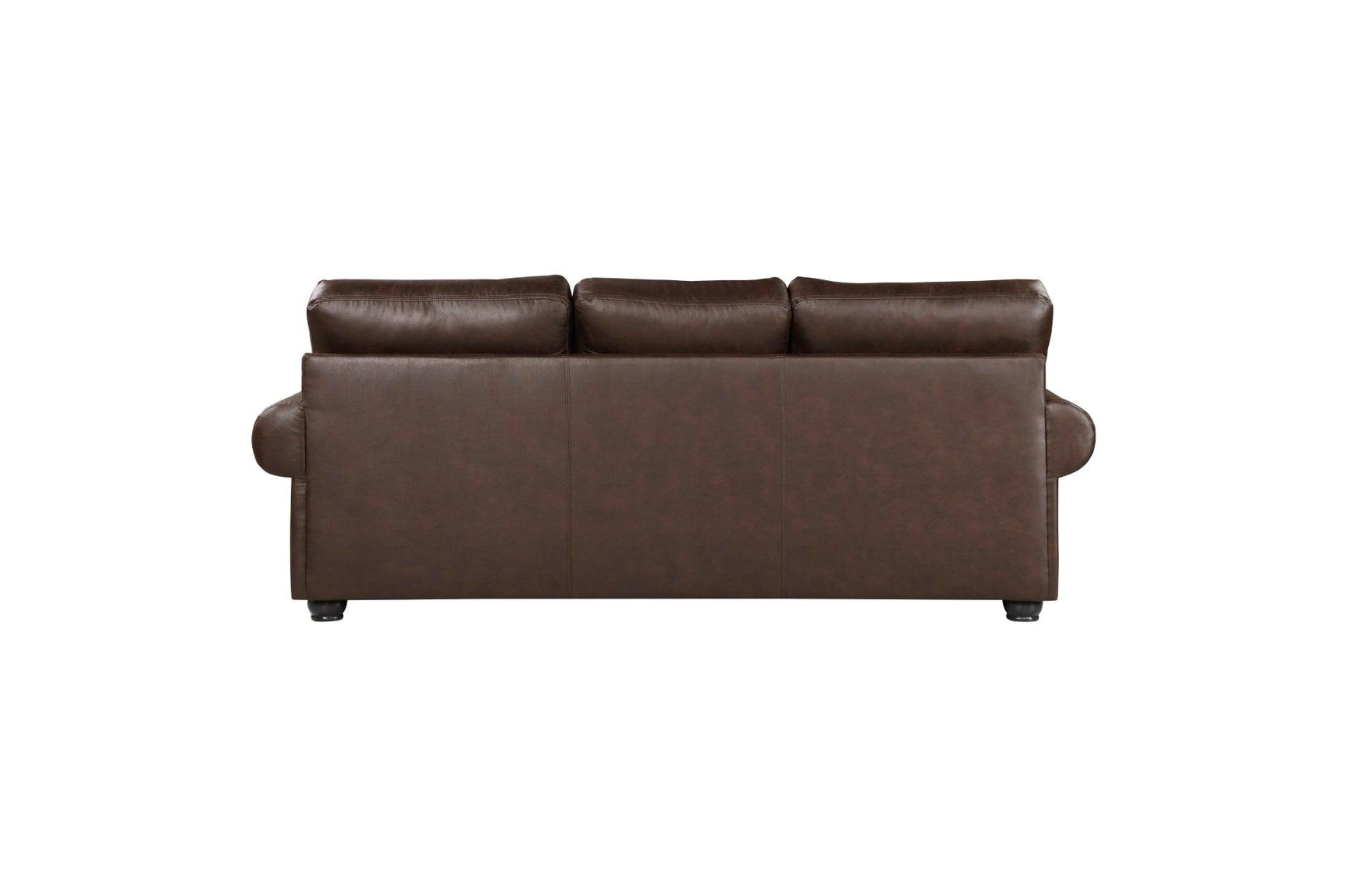 Side angle of Franklin dark brown faux leather sofa