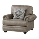 Franklin Gray Chair side view showing rolled arms and nailhead trim