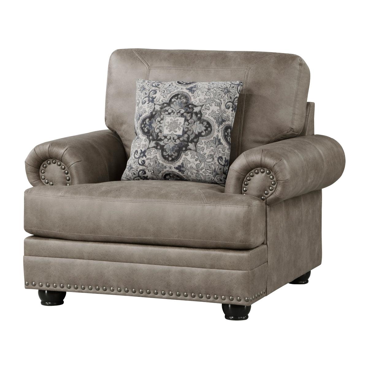 Franklin Gray Chair side view showing rolled arms and nailhead trim