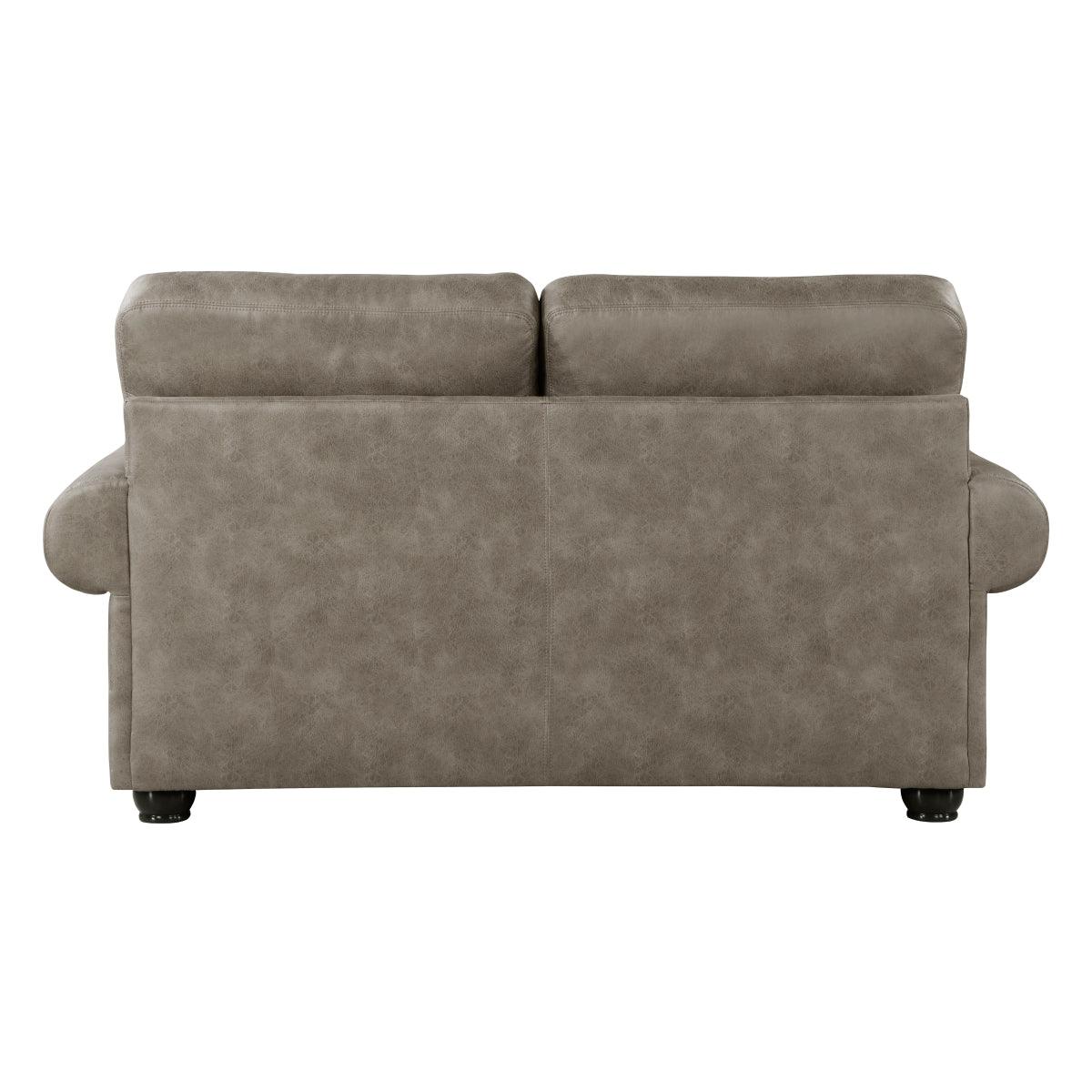 Back view of gray faux leather loveseat
