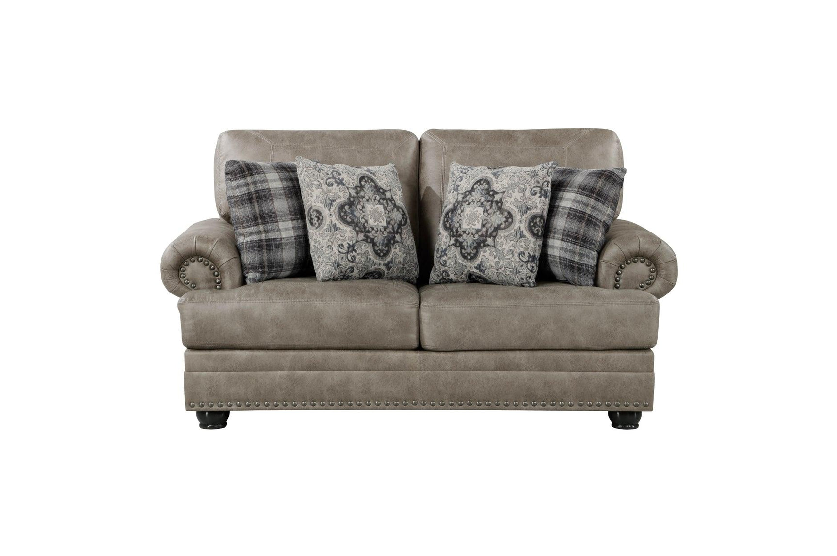 Close-up detail of Franklin Brown faux leather sofa arm