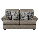 Gray tufted faux leather loveseat with pillows front view