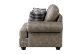 Close detail of faux leather texture on Franklin Brown loveseat