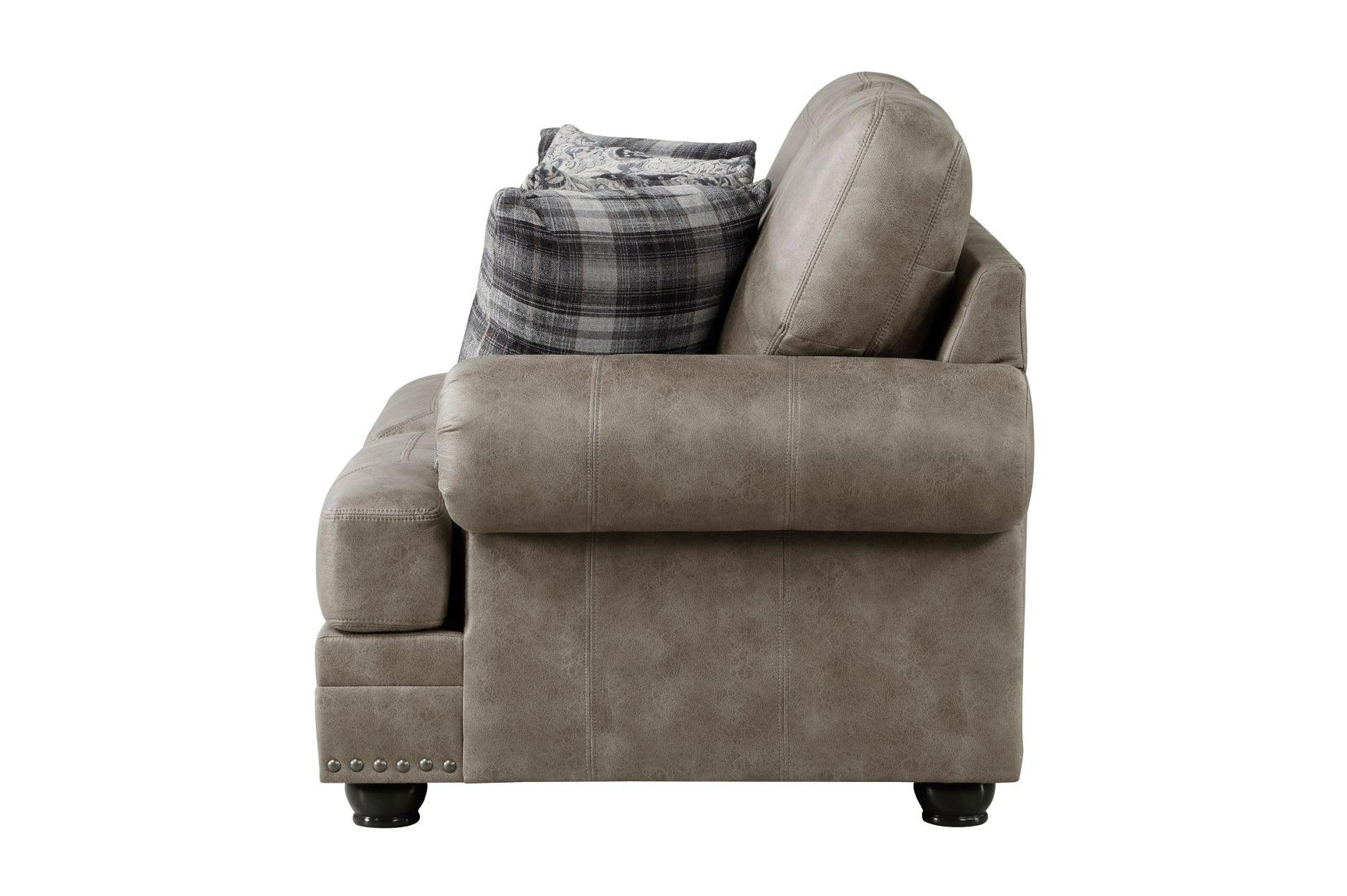 Close detail of faux leather texture on Franklin Brown loveseat