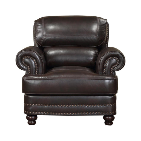 Milford Brown faux leather chair front angle with rolled arms and nailhead trim