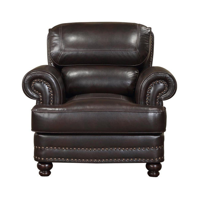 Milford Brown faux leather chair front angle with rolled arms and nailhead trim